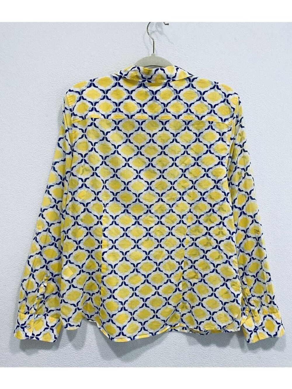 Talbots Top Womens 14 Yellow Blue Boho Print Lightweight Button Up Cotton Beachy - Picture 5 of 8